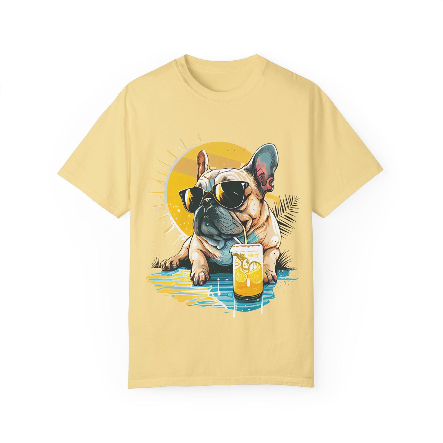 Summer Vibes French Bulldog T-shirt – Unisex Garment-Dyed Tee with Sunglasses Design