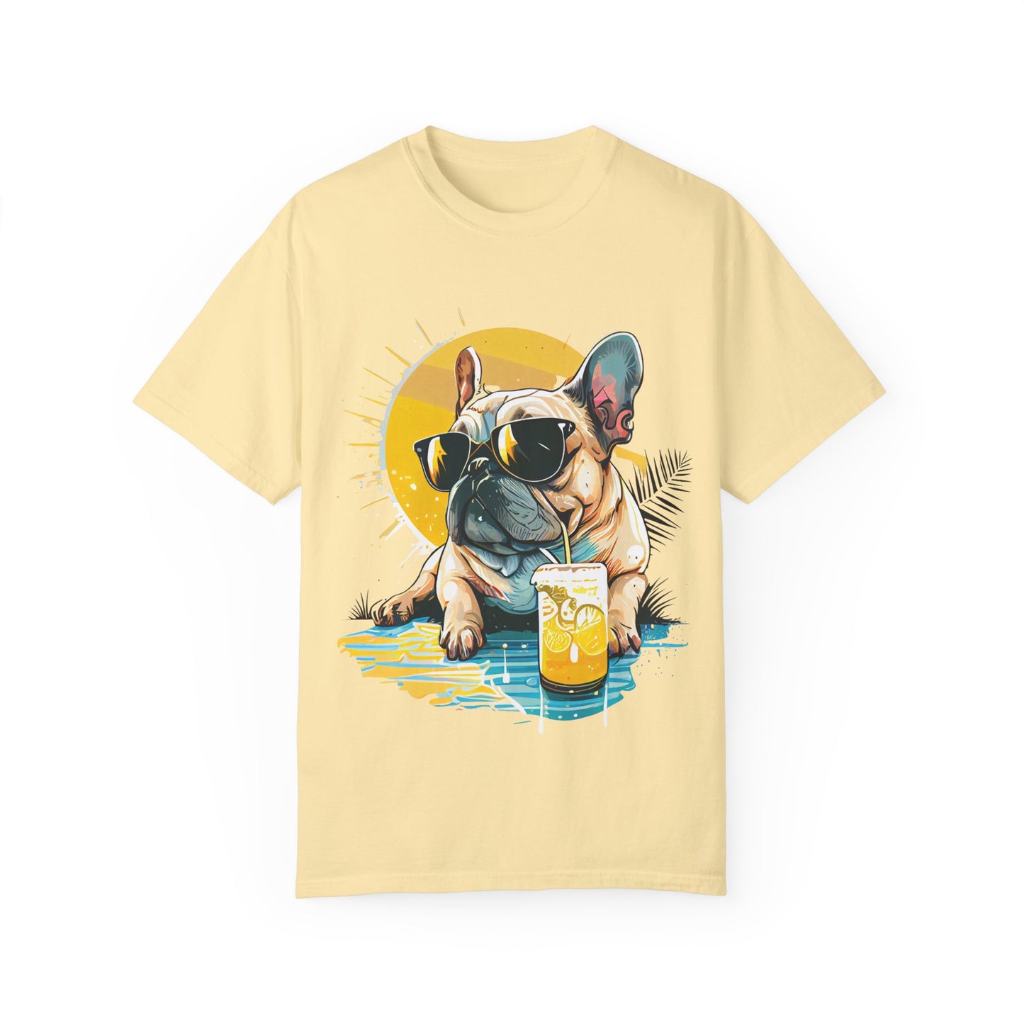 Summer Vibes French Bulldog T-shirt – Unisex Garment-Dyed Tee with Sunglasses Design