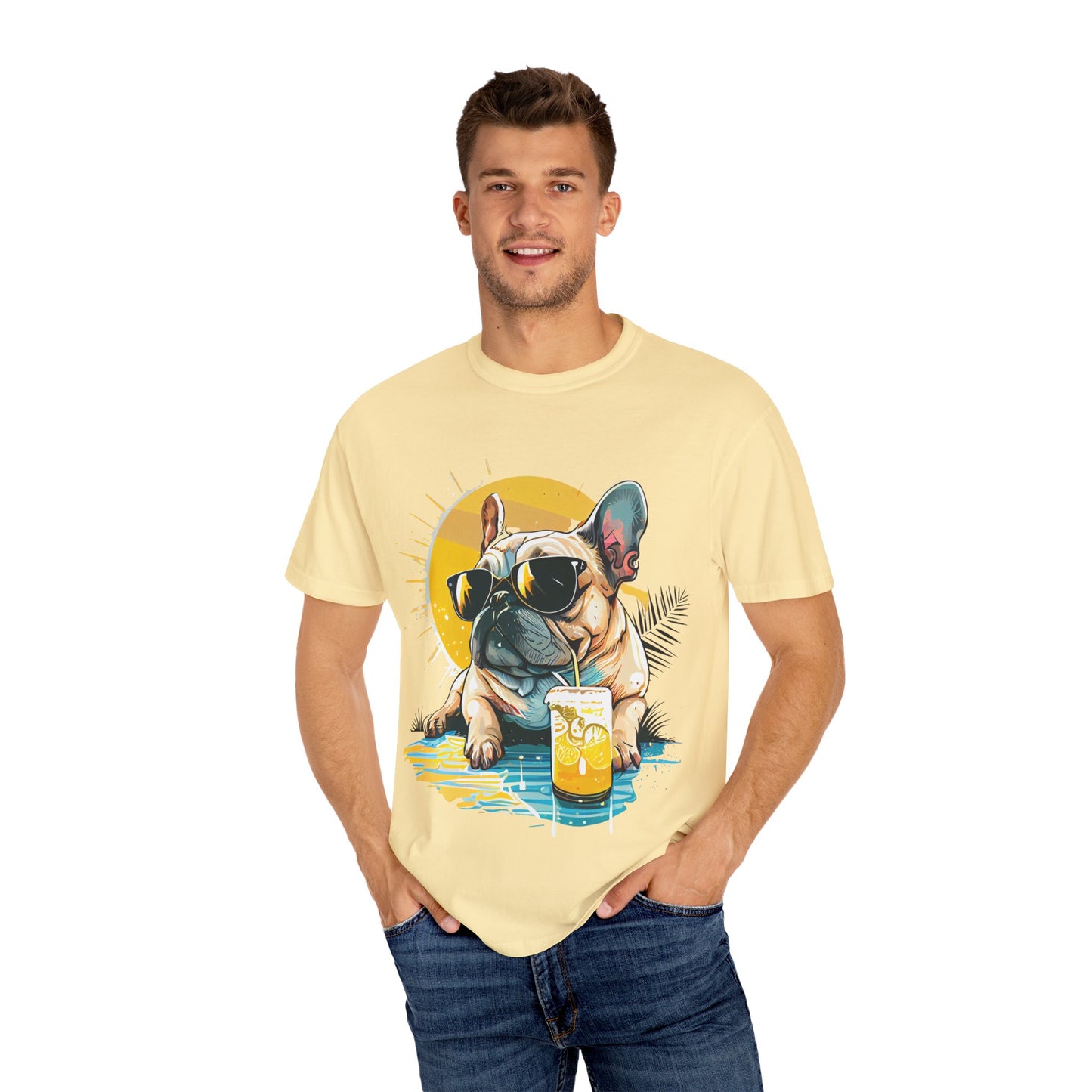 Summer Vibes French Bulldog T-shirt – Unisex Garment-Dyed Tee with Sunglasses Design