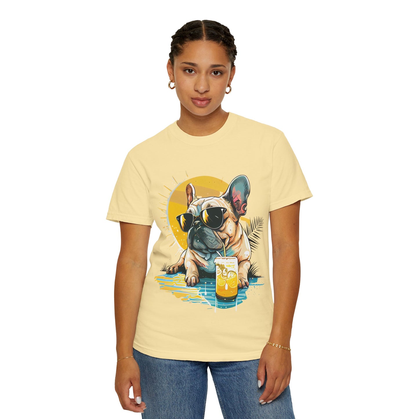 Summer Vibes French Bulldog T-shirt – Unisex Garment-Dyed Tee with Sunglasses Design