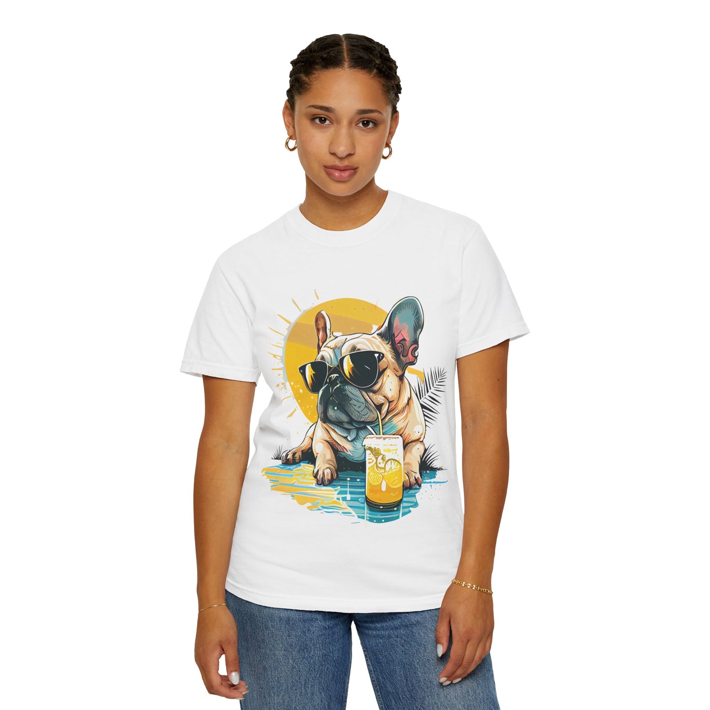 Summer Vibes French Bulldog T-shirt – Unisex Garment-Dyed Tee with Sunglasses Design
