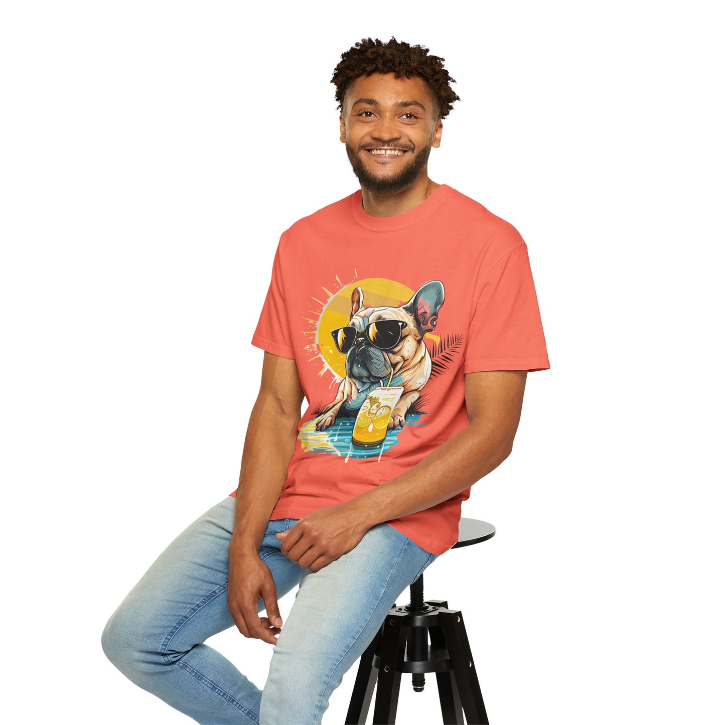 Summer Vibes French Bulldog T-shirt – Unisex Garment-Dyed Tee with Sunglasses Design