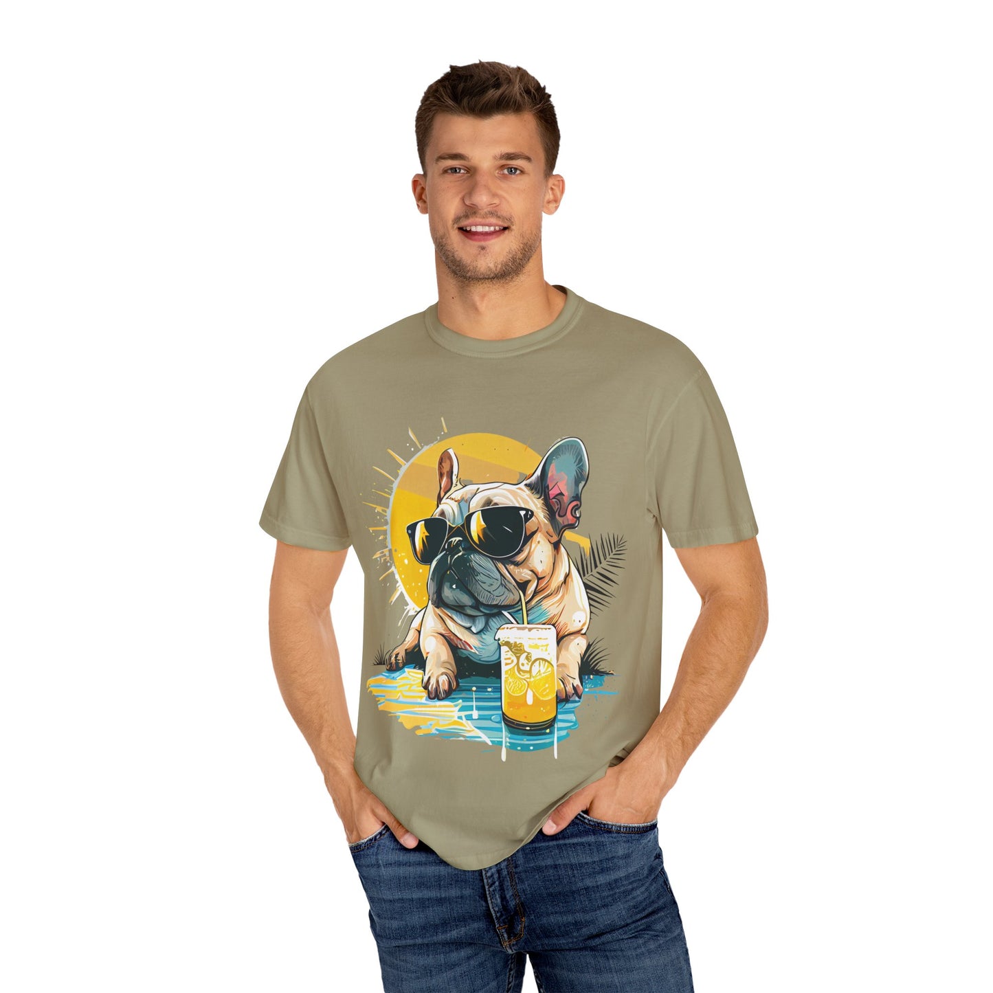 Summer Vibes French Bulldog T-shirt – Unisex Garment-Dyed Tee with Sunglasses Design